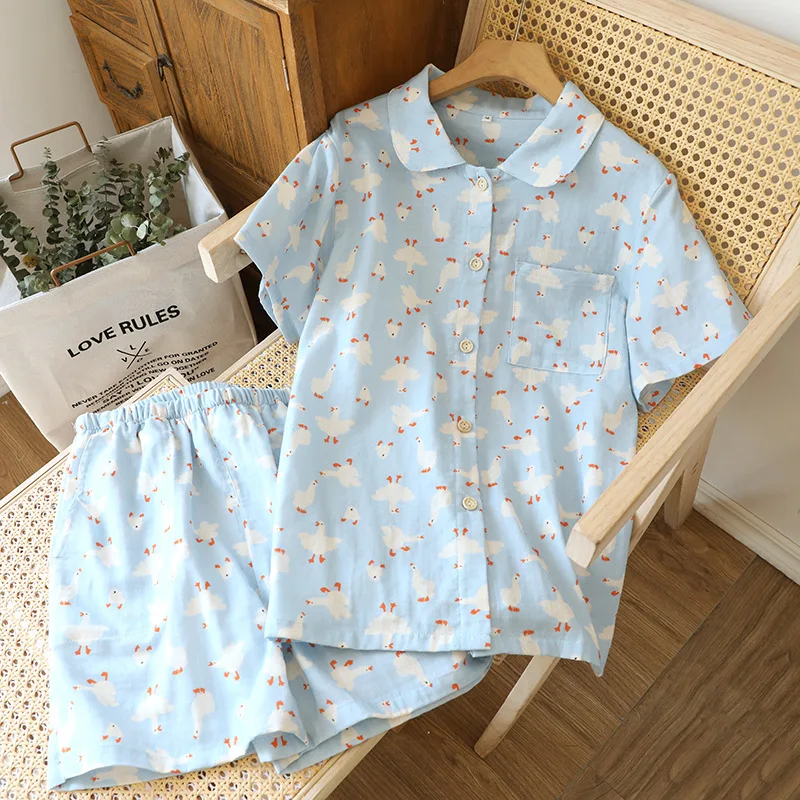 

2026 Summer New Women's Pajama Set 100% Cotton Gauze Short Sleeve Shorts Two Piece Set Thin cardigan Home Clothes sleepwear