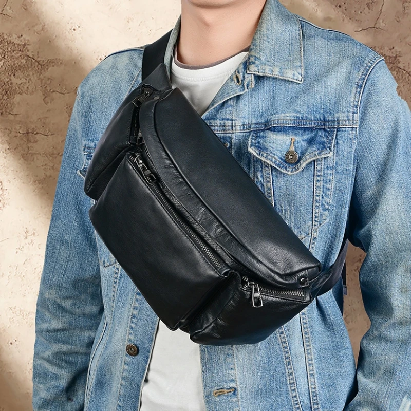 Fashion Trend Luxury Men's Chest Bag Soft Genuine Leather Shoulder Cross Ipad Bag Outdoor Causal Fanny Waist Pack Daypack Sac