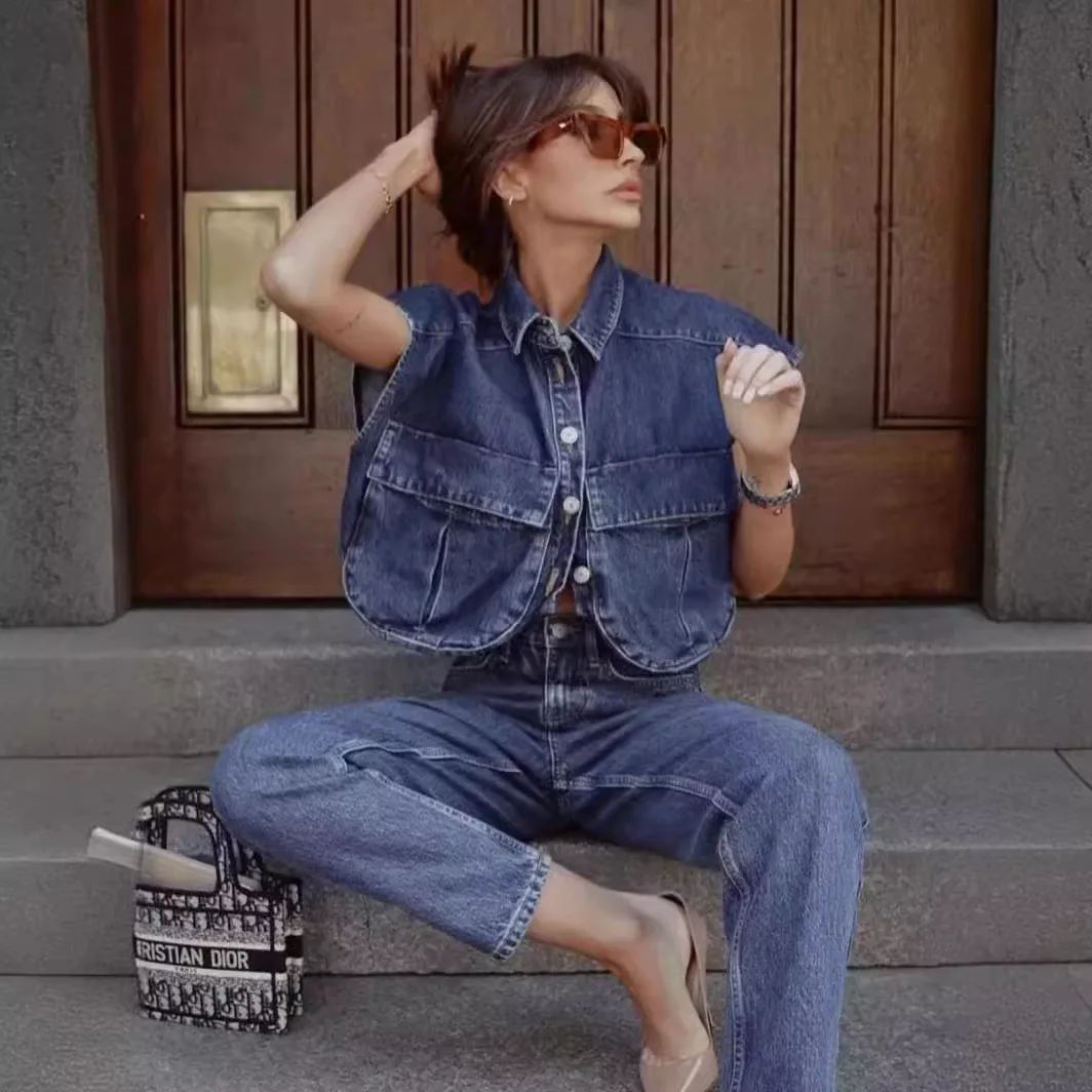 

Women's Shirt Summer Cropped Sleeveless Shirts & Blouses Top Ladies Chic Elegant With Pockets Vintage Blouse Tops