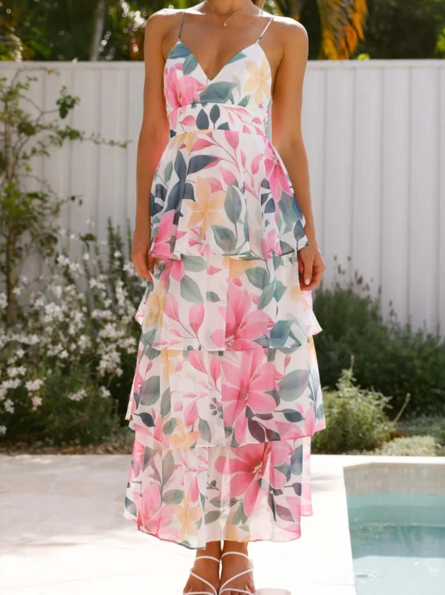 여름 드레스 여성 신선한 꽃 프린트 v 넥 하이 웨이스트 캐미솔 캐주얼 비치 휴가 쉬폰 드레스 여성