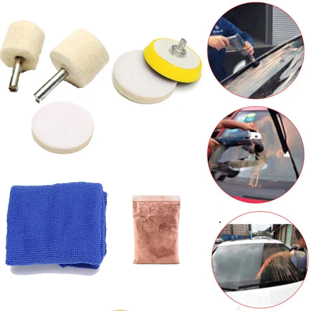 Kit per lucidare il vetro del parabrezza Dispositivo per la rimozione dei graffi del parabrezza dell'auto 50g Polvere per lucidare il vetro della ruota di lana con ventosa all'ossido di cerio