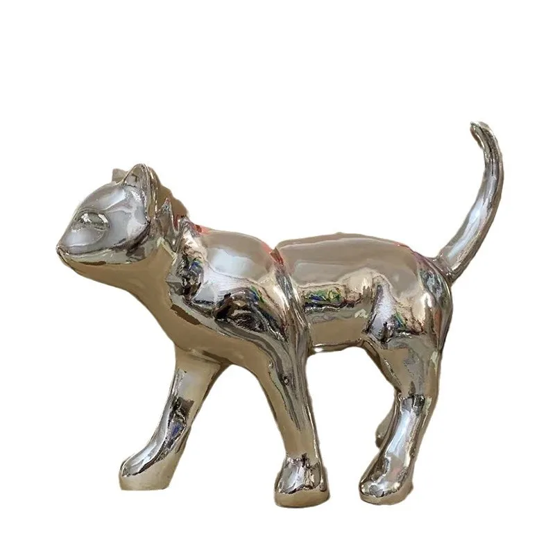 Imitation stainless steel creative cat ornament electroplated fiberglass sculpture