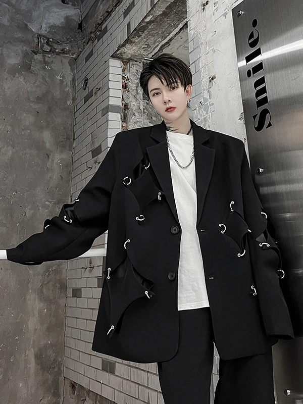 

k High-End Irregular Hole Metal Bule Personali Men's Suit Jaet Trendy Streetwear Casual Loose Fit Long Sve