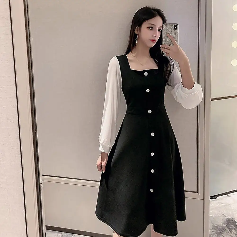 

Women Dress Square Neck Long Sleeve Retro Dress Button Decor A-line Mesh Patchwork Spring Fall Midi Dress