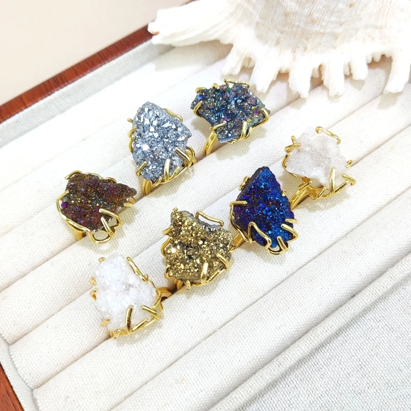 Natural Irregular Druzy Geode Stone Ring Colorful Crystal Gold Plated Jewelry for Women Party Wedding Gift