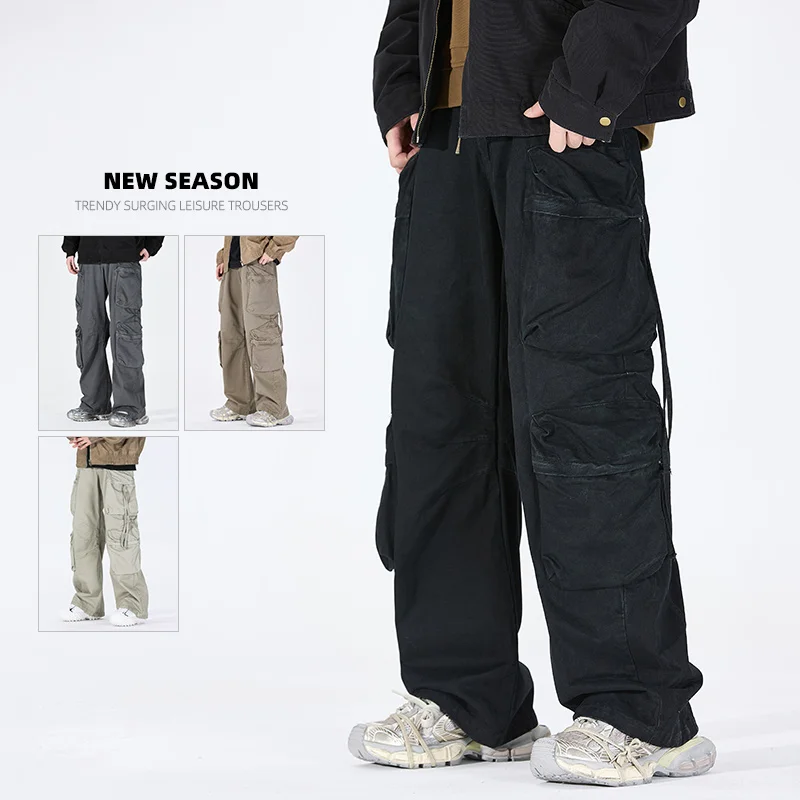 

Мужские брюки-карго в уличном стиле с множеством карманов, рабочие брюки, удобные свободные спортивные брюки, повседневные брюки с широкими штанинами 6223B
