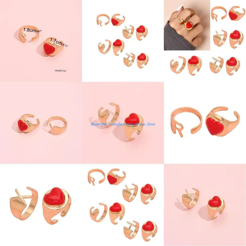 

E56A 2 Pcs Letter Love Heart Rings for Women Girls Alloy Name Open Rings Set
