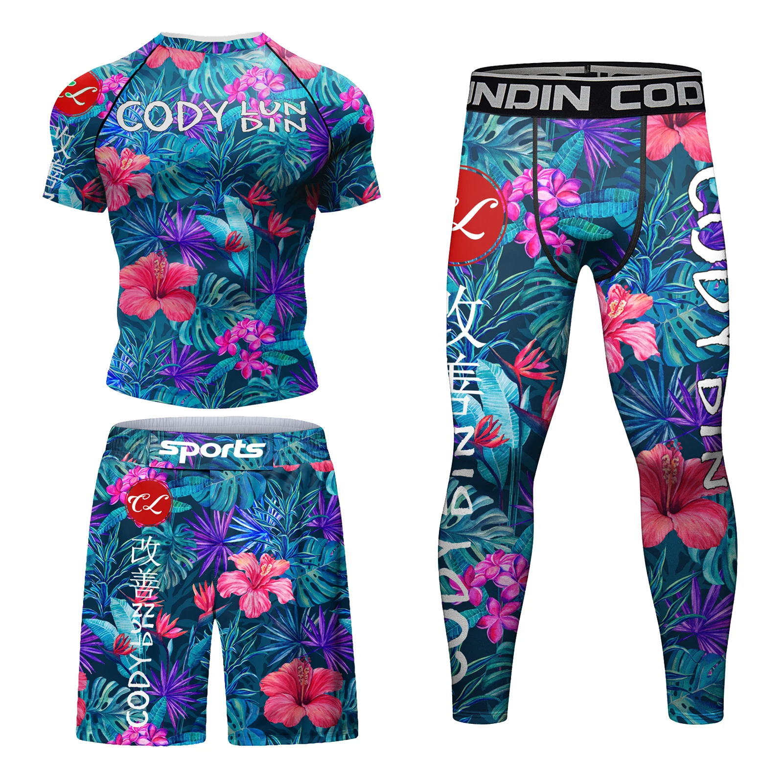 Chie Lundin-Camiseta y pantalones de Fitness con estampado de flores para hombre, ropa deportiva para gimnasio, BJJ, boxeo, correr, MMA, Rashguard, Jiu JitsuShorts