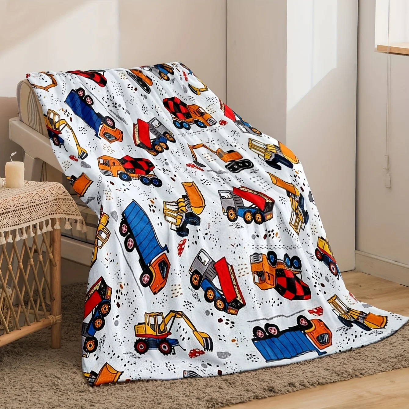 Reversible Construction Vehicle Theme Flannel Throw Blanket, Soft Skin-Friendly Warm Comfort Plush for Sofa, Bed, Office, Travel