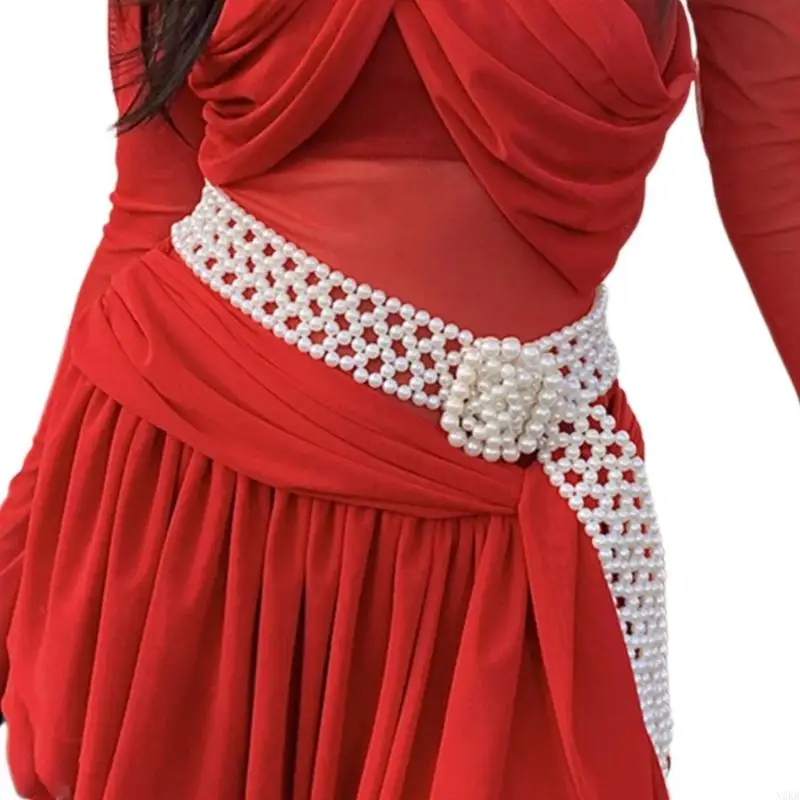 

N5KB Women Girl Waist Chain Slimming Waist Adjustable Waist Belt Women Dress Shirt Waist Belt with Imitation Pearl Decors