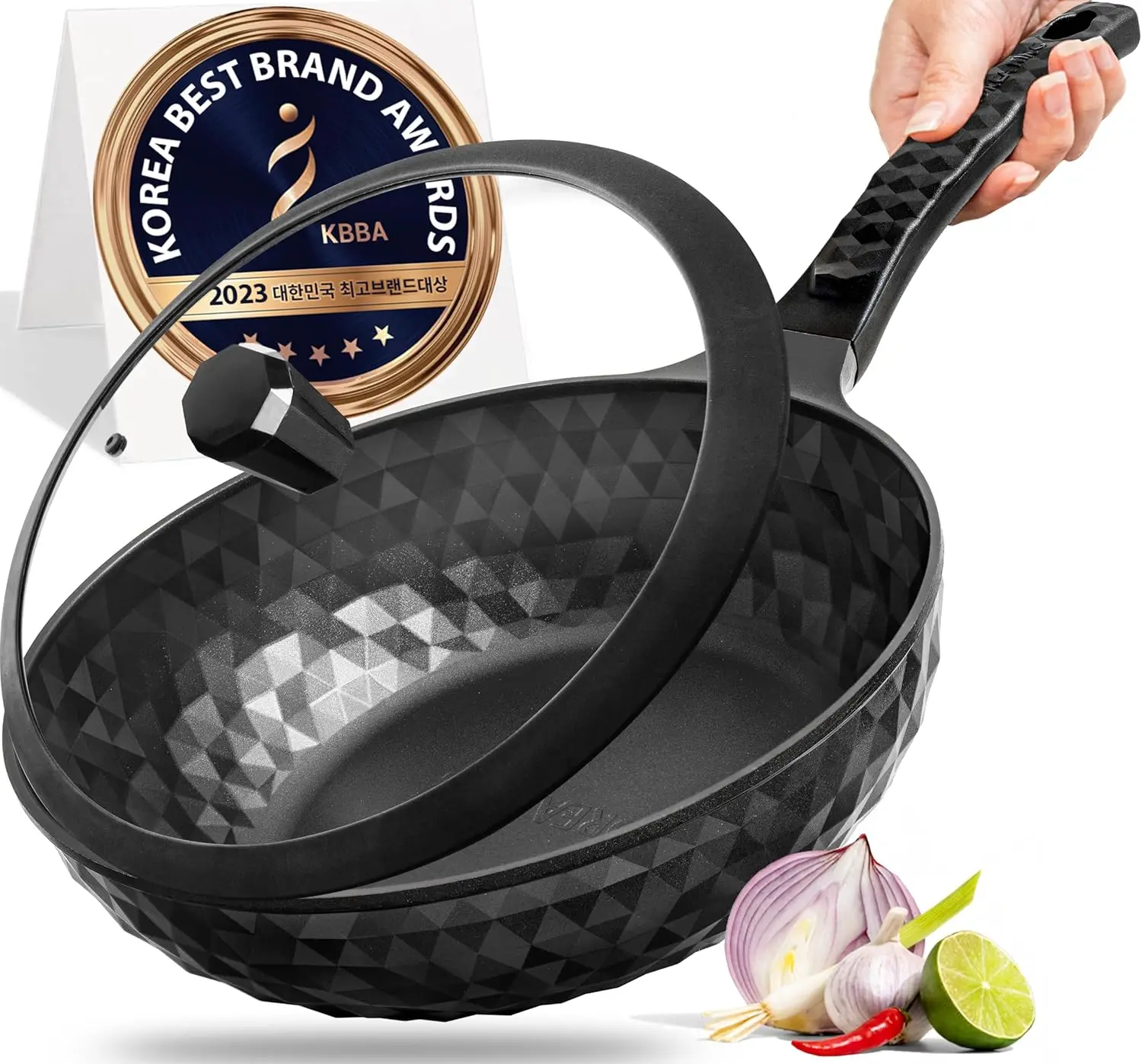 

11" Nonstick Flat Bottom Wok Pan with Lid - Titanium Coated, Oil-Free Cooking, PFOA-Free, High Heat Resistant