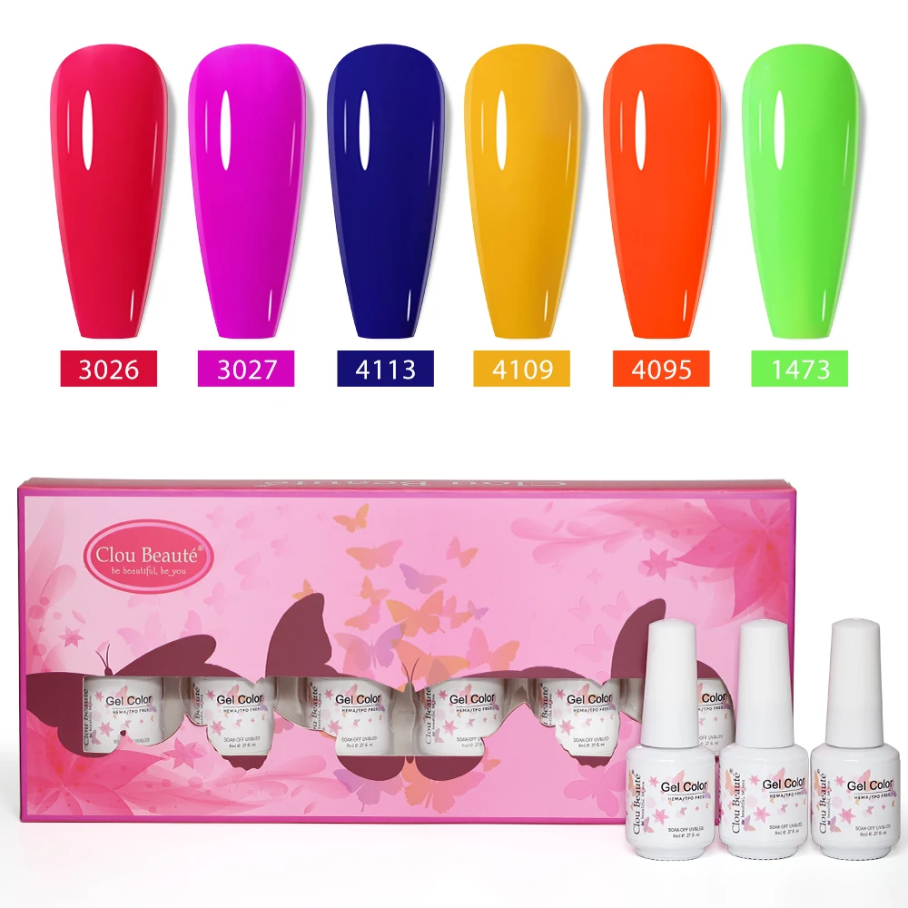 Clou Beaute 6pcs Gel Nail Polish Gift Box Set - 8ml High Pigment Gel Varnish Base & Top Coat Manicure Kit for Nail Art Salon