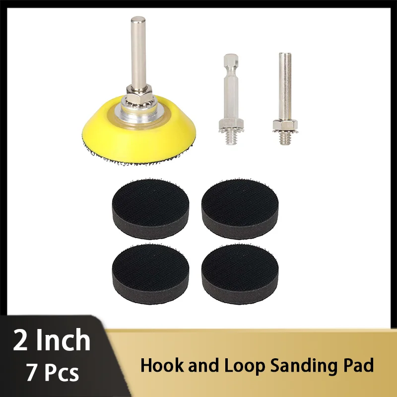 

2 Inch Hook and Loop Sanding Pad Kit 7 Pcs with 1/4 inches Shank Drill Attachment and Soft Foam Layer Buffering Pad