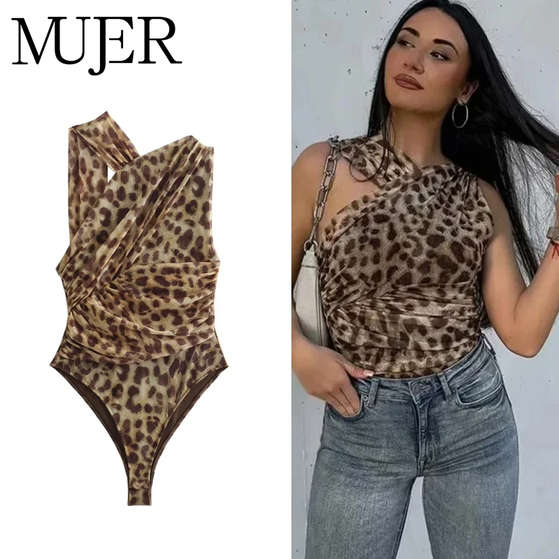 MUJER Leopard Print Bodysuit Women Tulle Black Sexy Body Suits Woman Ruched Mesh Bodysuit Women Sexy Outfits Jumpsuits for Women