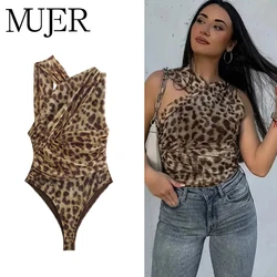 MUJER Leopard Print Bodysuit Women Tulle Black Sexy Body Suits Woman Ruched Mesh Bodysuit Women Sexy Outfits Jumpsuits for Women