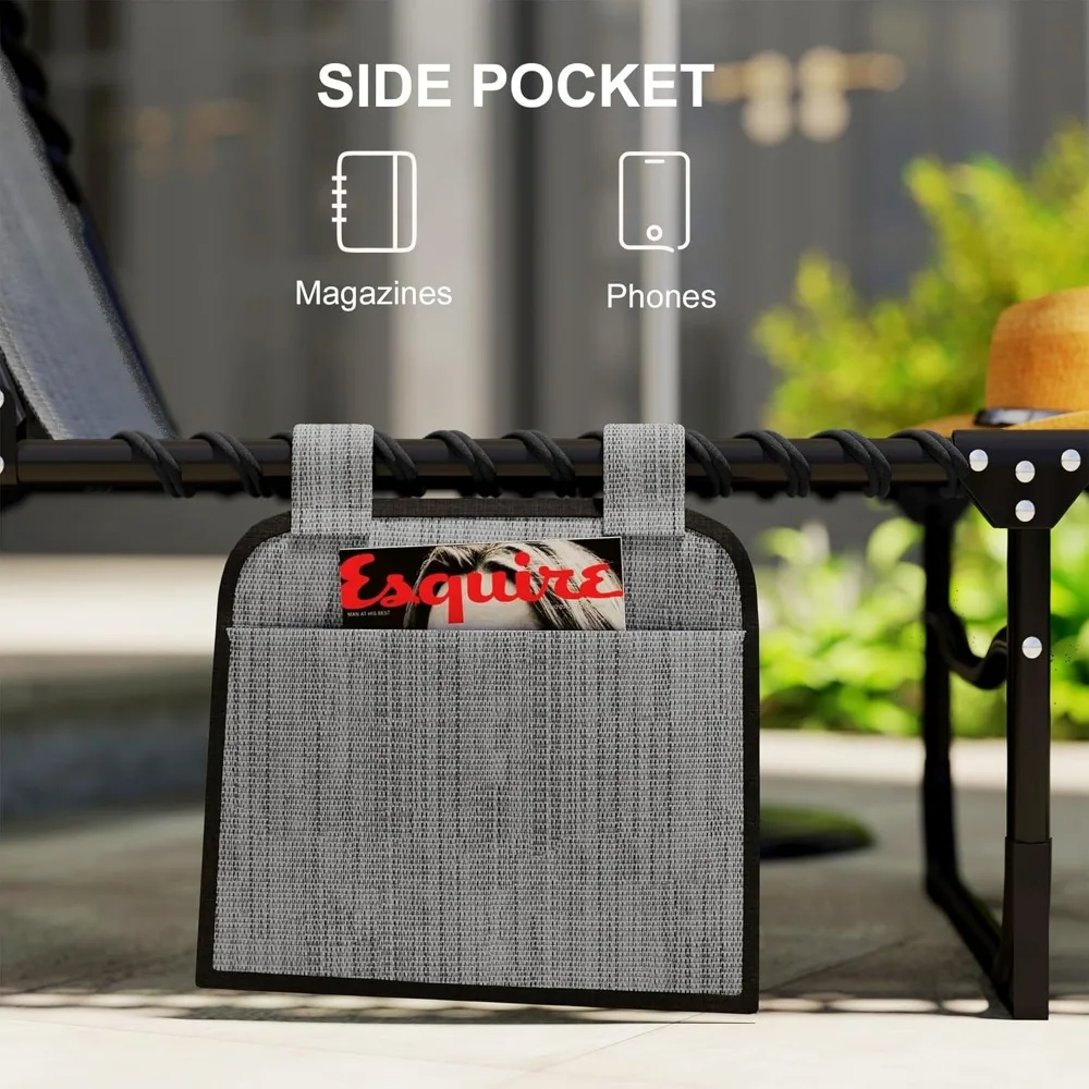 5-Position Adjustable Outdoor Chaise Lounge Chair with Side Pocket, Folding Design for Pool Patio Beach Garden, Gray