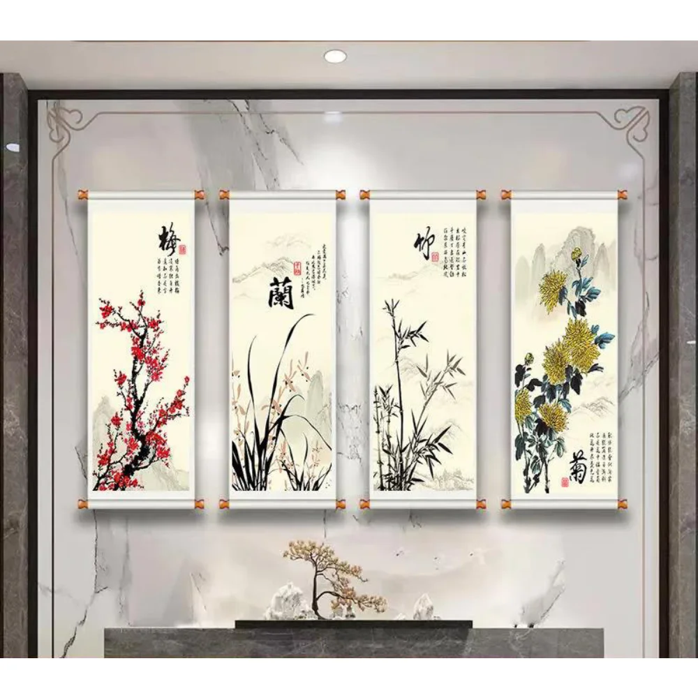 4pcs Chinese Plum Orchid Bamboo Chrysanthemum Wall Art Canvas Painting Posters Living Room Home Decor Scroll Hanging Painting