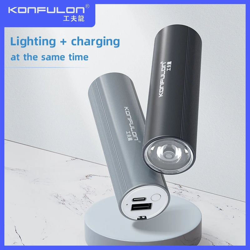 KONFULON LED Torch 2 In1 Powerbank Rechargeable Flashlight 5000mah PowerBank For Outdoor  Bike Lamp for Small Size Flashlight