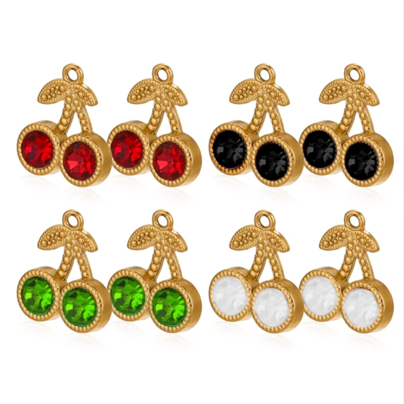 5 Pieces/Lot 18K Gold Plated Stainless Steel Crystal Cherry Charms For Diy Ornament Earrings Necklace Jewelry Making Accessories