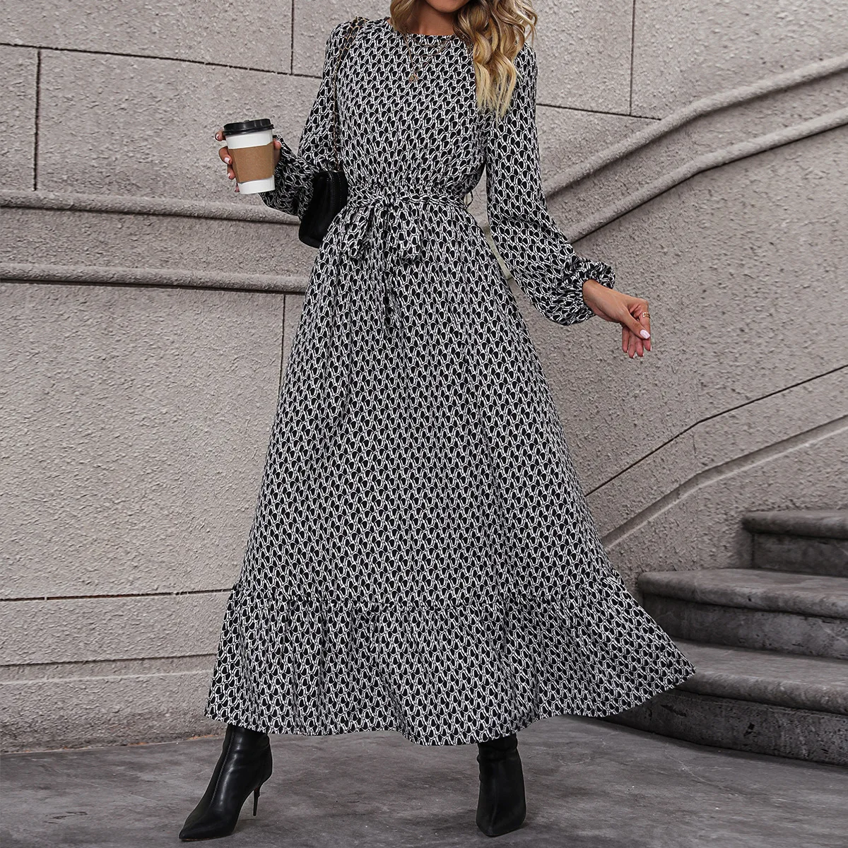 

Women Dress Long Dresses Lace Up Midi Wait Elegant Splice Round Neck Summer Full Sleeve Print A Line Ruffles Vestidos Loose