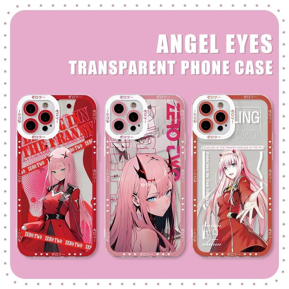 DARLING FRANXX Zero Two Phone Case for iPhone 16 15 14 Plus 13 12 Mini 11 Pro Max X Xs XR 7 8 Border Print Transparent Soft Capa