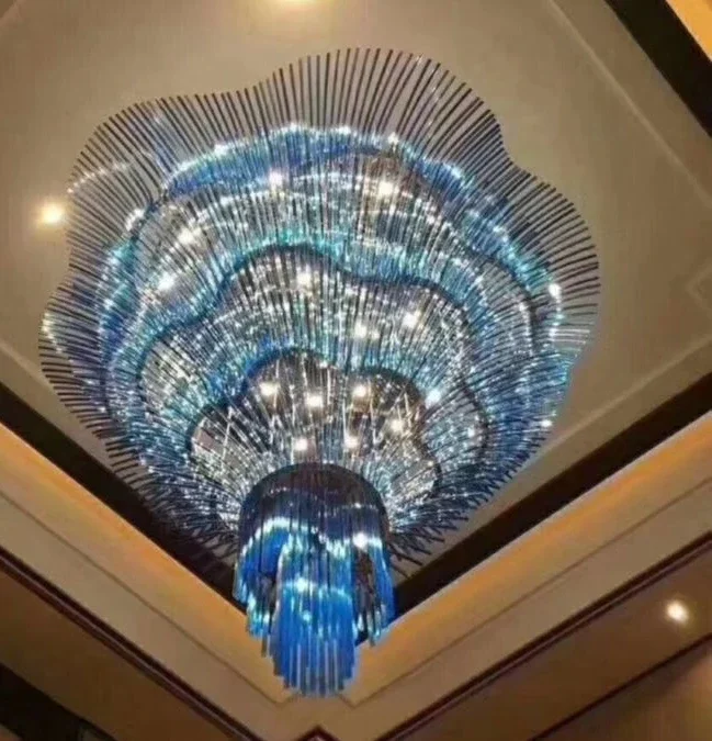 Custom Luxury Art Deco Gold Glass Ceiling  Big Size Oval Square Long for Hotel Lobby Wedding Shopping Mall Remote