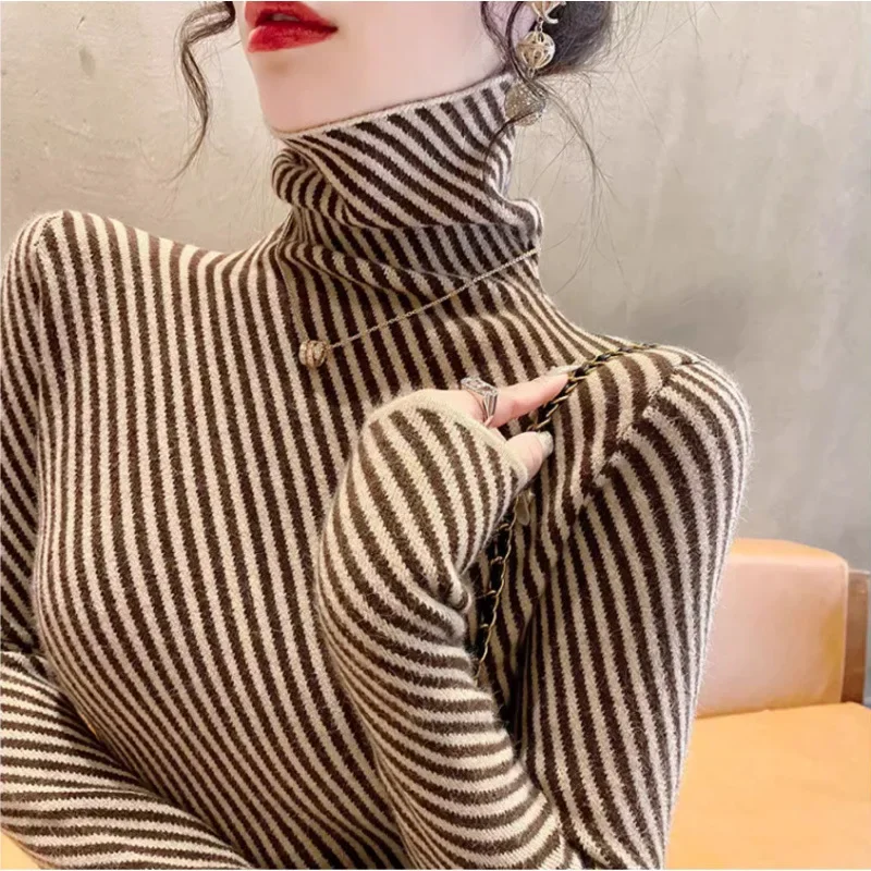 Striped Polo Turtle Neck Sweater Women's Autumn/Winter Base Layer Top Fashionable Stylish 2024 New Arrival Inner Women's Clothin