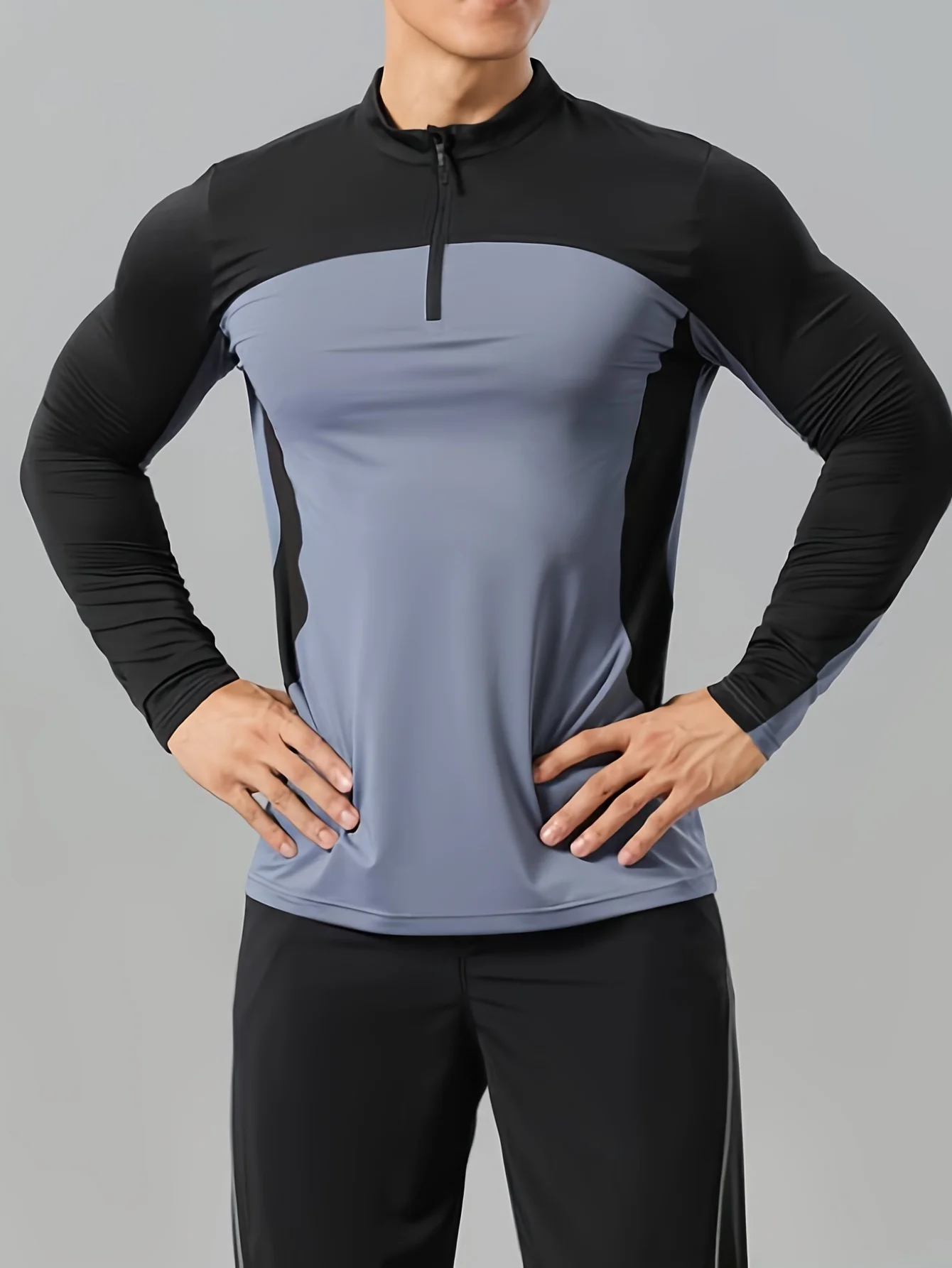 

Men's casual sports half zipper stand up collar long sleeved T-shirt, quick drying elastic half zipper outdoor polo shirt