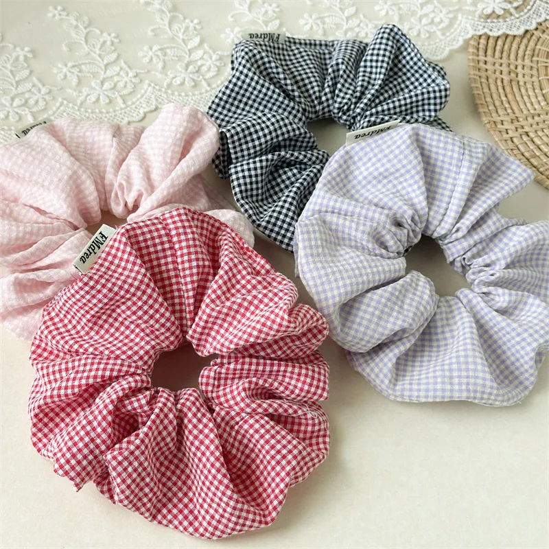 Women College Style Colorful Plaid Band Hair Accessories Fashion High Ponytail Hair Rope Fabric Large Intestine Headband Rubber