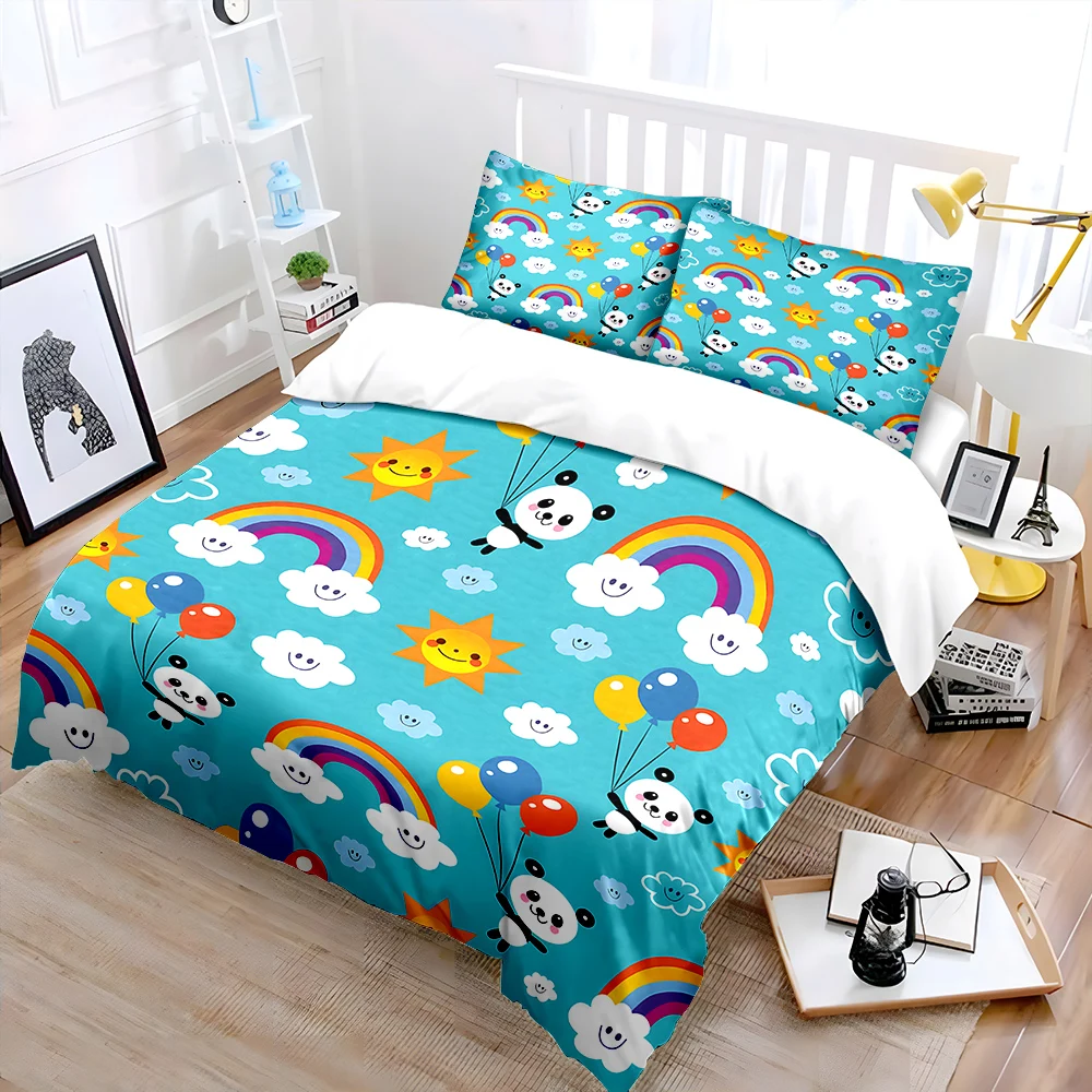 Cartoon panda, rainbow, and smiling faces Bedding Set for Kids Luxury Gift 3pcs Digital Print Comforter Set Soft Comfortable