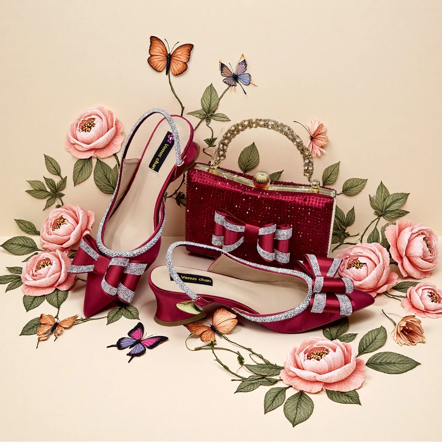 

Shoe And Bag Set Combination Women's Pointed Sandals High Heels Rhinestone Shoes With Square Rhinestone Dinner Party Evening Bag