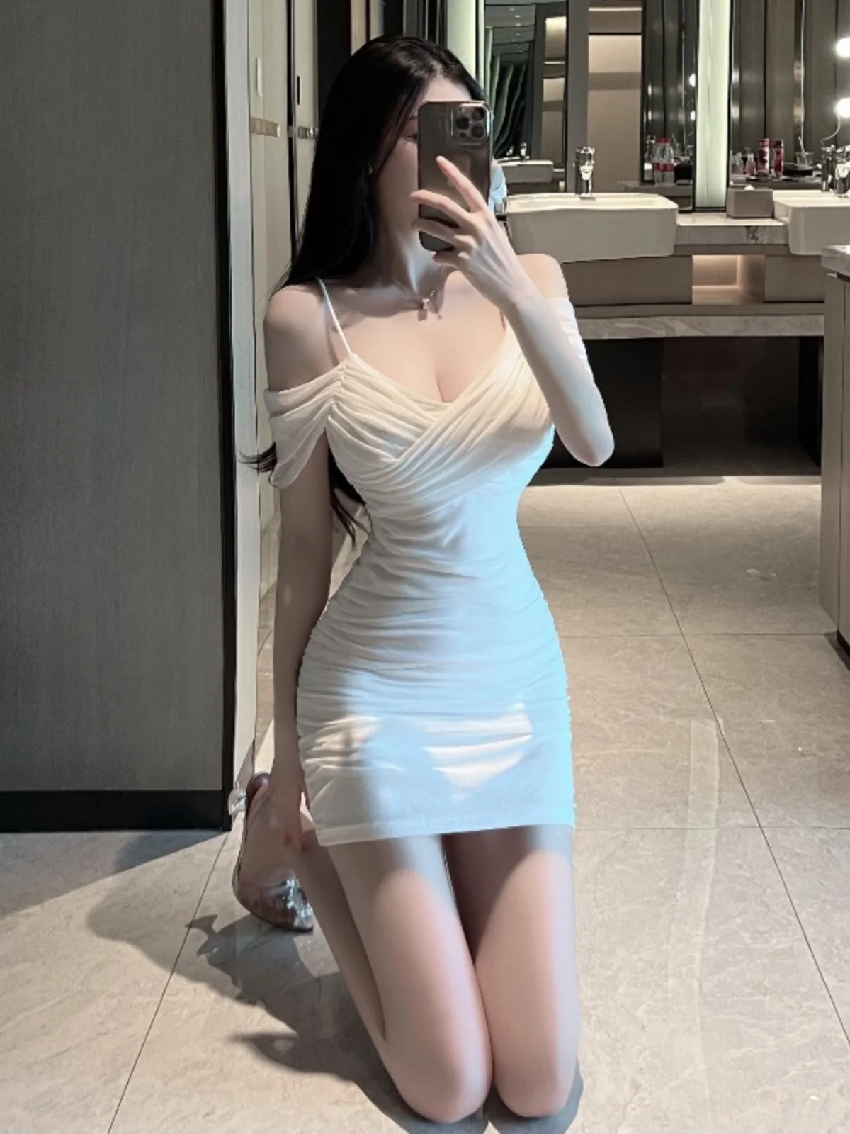 Sexy Crossed Short Skirt with Chest Pleats Tight Mesh Strap V-neck Show Chest Party Date Night Outing Polyester Material