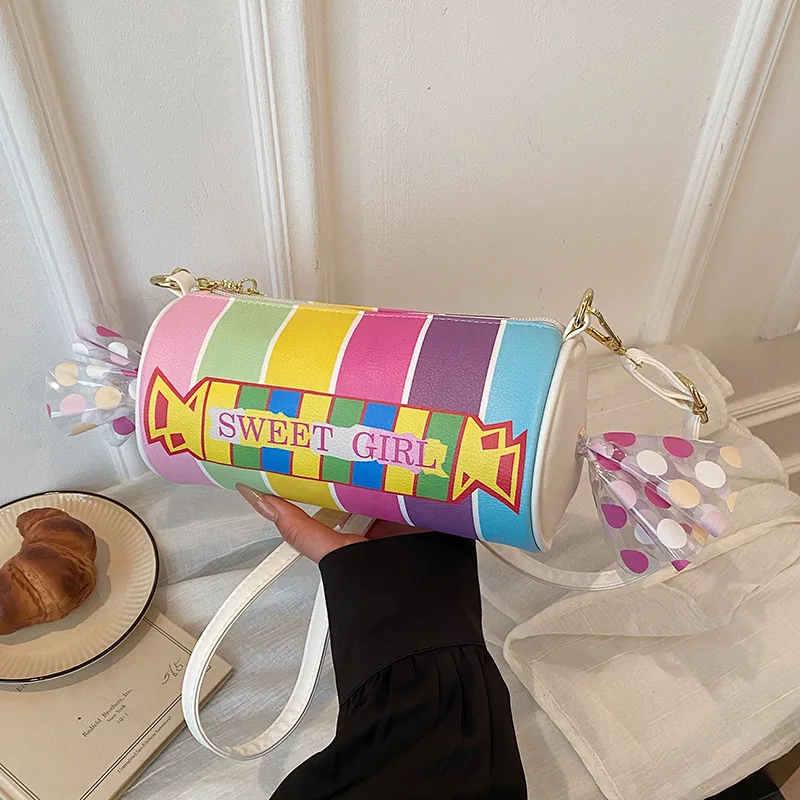 Harajuku Candy Shaped Shoulder Bags Cute Colorful Striped Crossbody Bag Barrel-shaped Women's Bag Funny Purses for Women Handbag