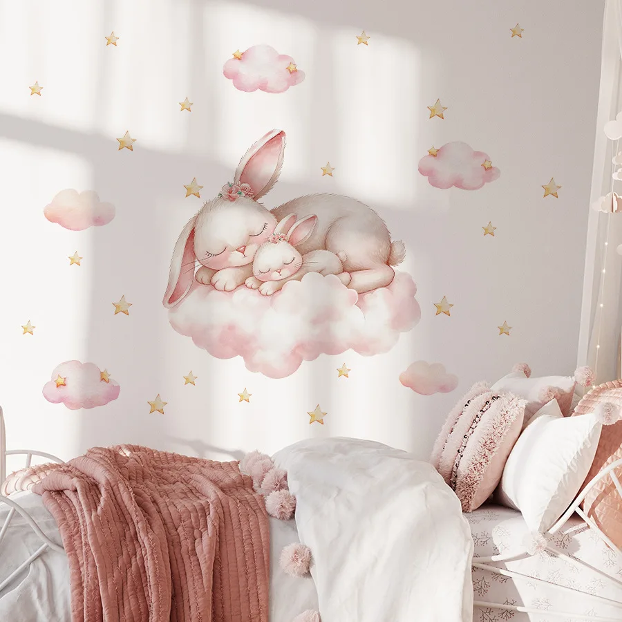 1pc Cartoon Cute Cloud Sleeping Rabbit Wall Stickers for Children Room Kids Baby Room Wall Art Bedroom Living Room Decoration