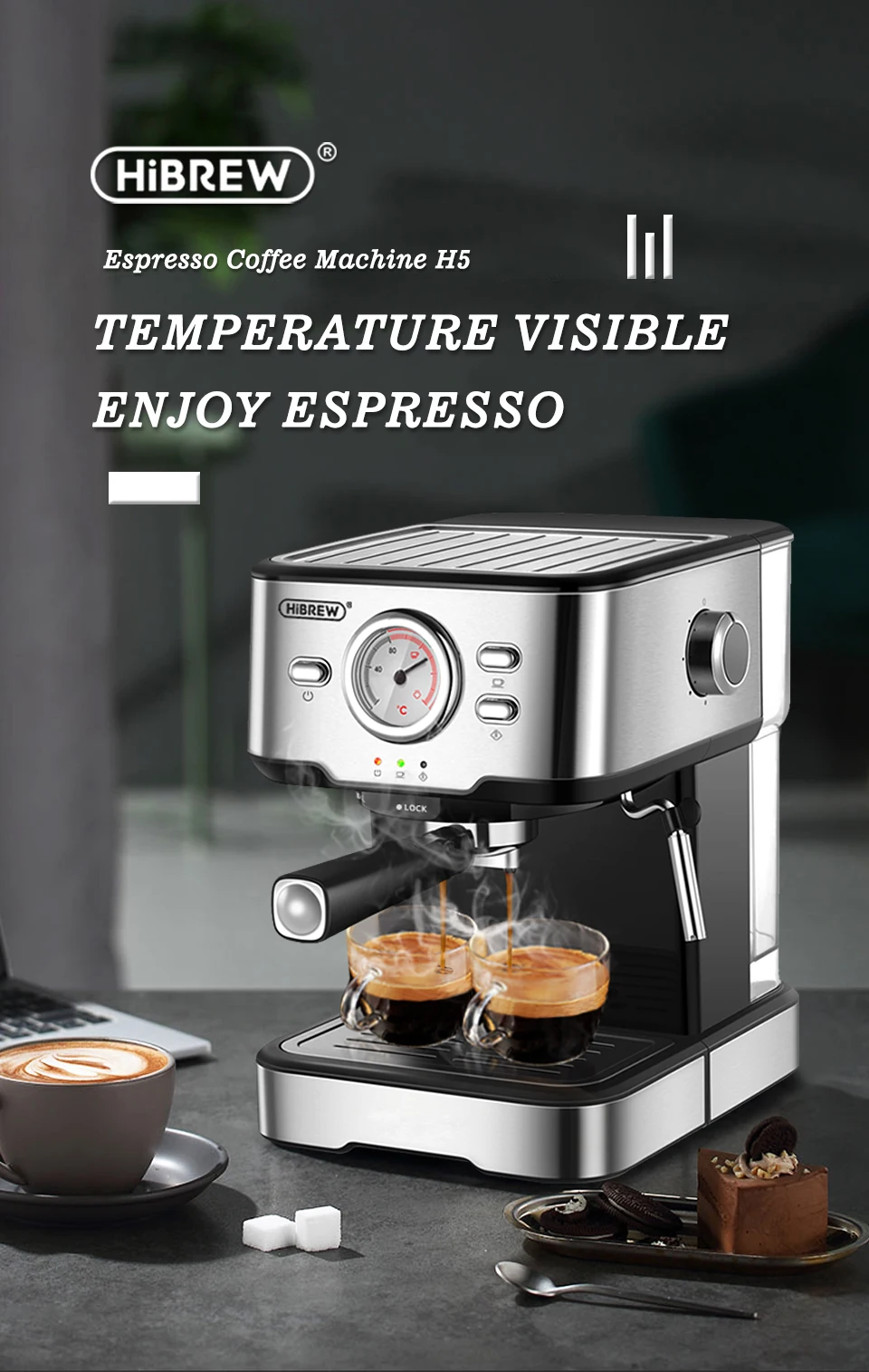 HiBREW Clearance Sale Espresso Cappuccino Latte 20Bar 3 in 1 Coffee Machine Automatic hot milk froth  ESE pod&Ground Coffee H8A