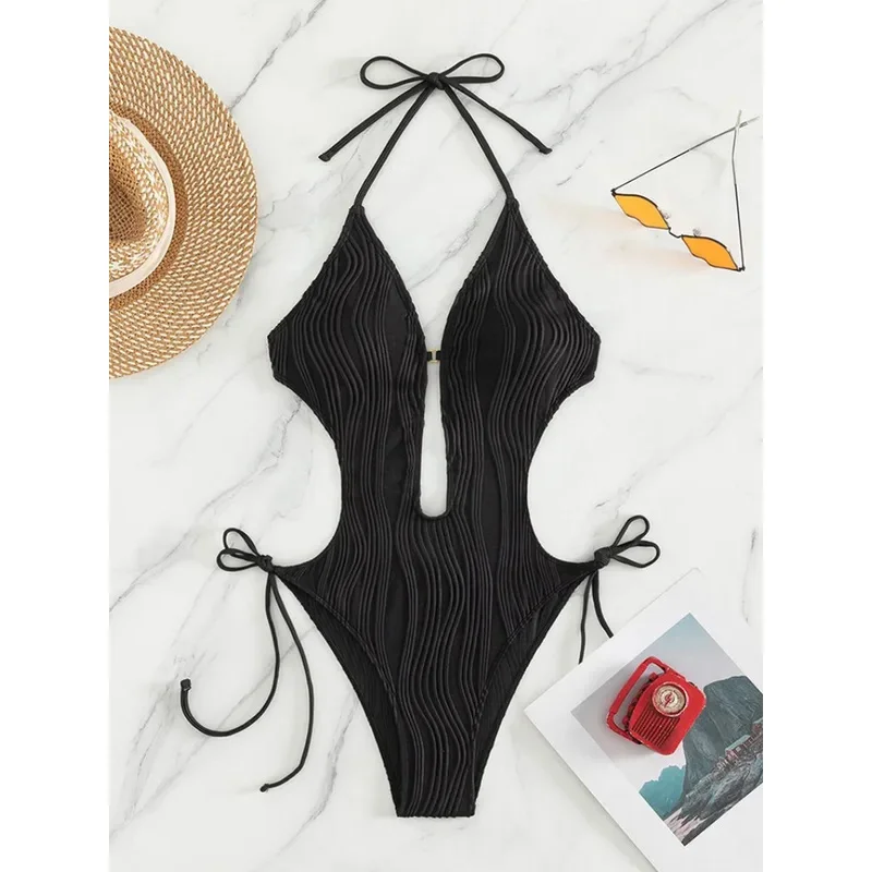 2024 sexy wave hollow halter one piece swimsuit bikini 2024 women tie smart swimsuit female bathing suit swimwear Biquini