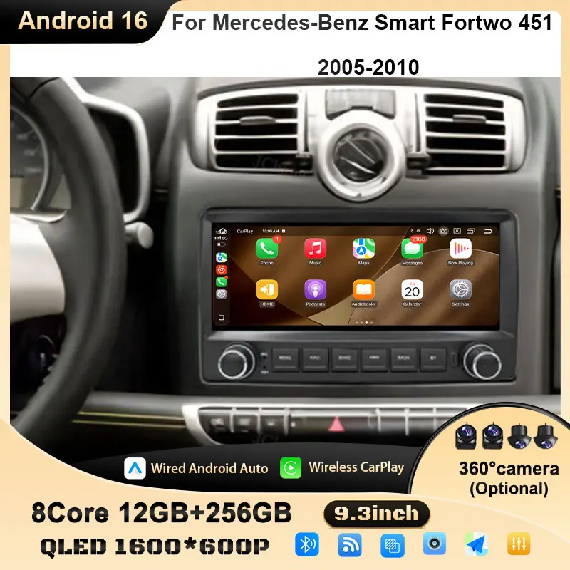 For Mercedes-Benz Smart Fortwo 451 2005-2010 Android Auto Car Radio Mutimedia Player GPS Navigation Bluetooth  4G DSP WFi QLED