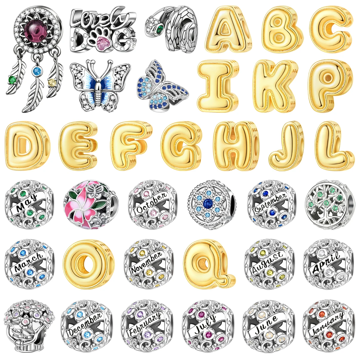Original 925 Sterling Silver December 26 A-Z Letter Butterfly Snake Flower Bag Bead Fit Women DIY Bracelet Necklace Jewelry Gift
