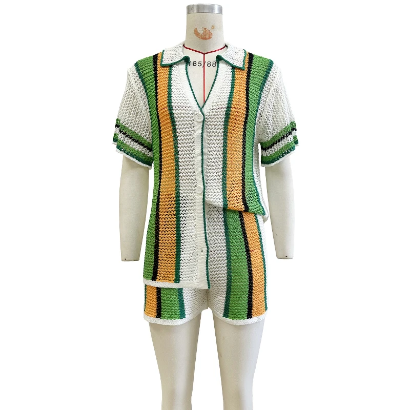 Shorts Pant Set Women Two Piece Sets Turn Down Collar Short Matching Sets Hollow Out Casual Loose Tops Elastic Waist Pants 2025