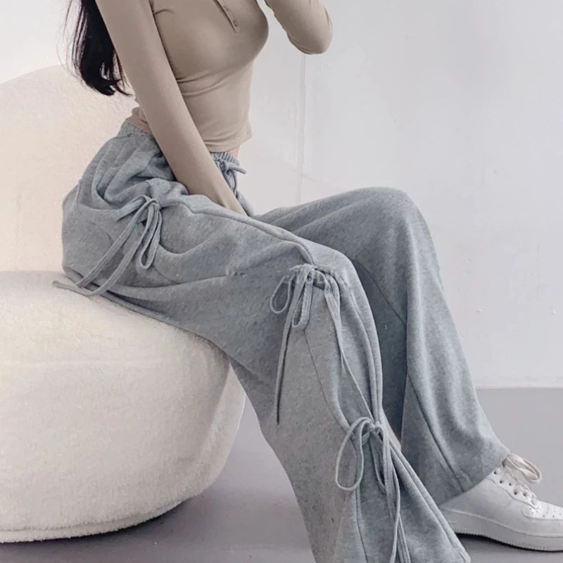 

Streetwear Casual Solid Bandage Bow Pants Harajuku Elastic Waist Loose Wide Leg Y2k Aesthetic Women ​ Grunge Pocket Pants