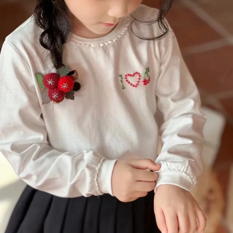 2024 BP New Autumn White Long Sleeves Cherry Shirt for Kids Red Beading Cherry Brand Clothes for Girl Kids