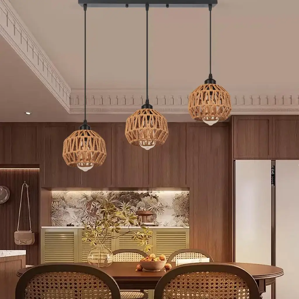 1/3 Heads Hemp Rope Woven Pendant Light Shade Vintage Industrial Rattan Hanging Lamp Boho Ceiling Chandelier Lighting Fixtures