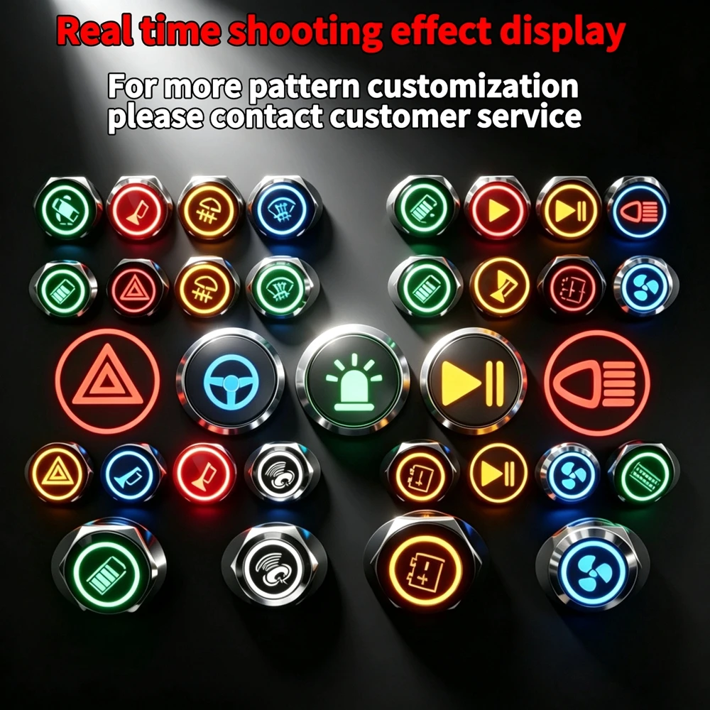 Interruptor de Botón Metálico LED Impermeable Personalizado de 16/19/22 mm, Botón de Encendido/Apagado para Luces Antiniebla de Coche, Patrón Personalizable 6V-24V-220V Auto Mod