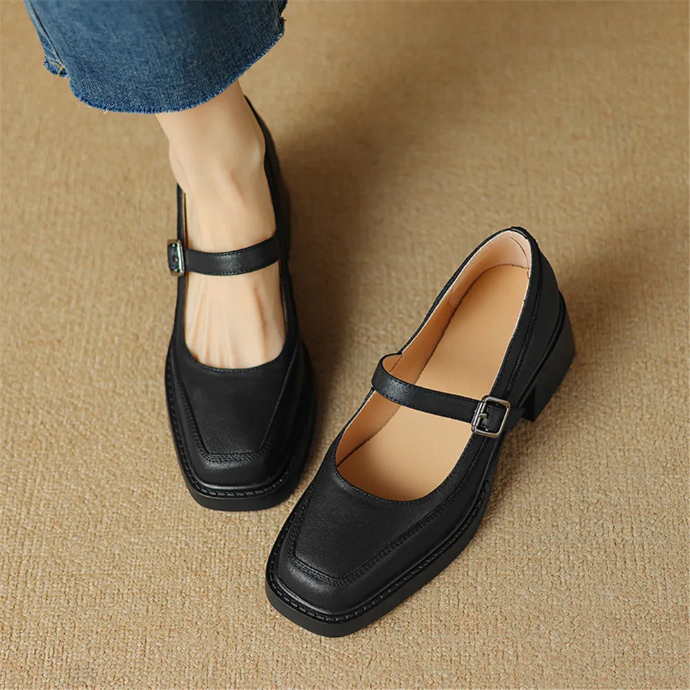 FEDONAS 2024 Women Genuine Leather Pumps Buckles Fashion Square Toe Party Wedding Shoes Woman Thick High Heeled Office Pumps