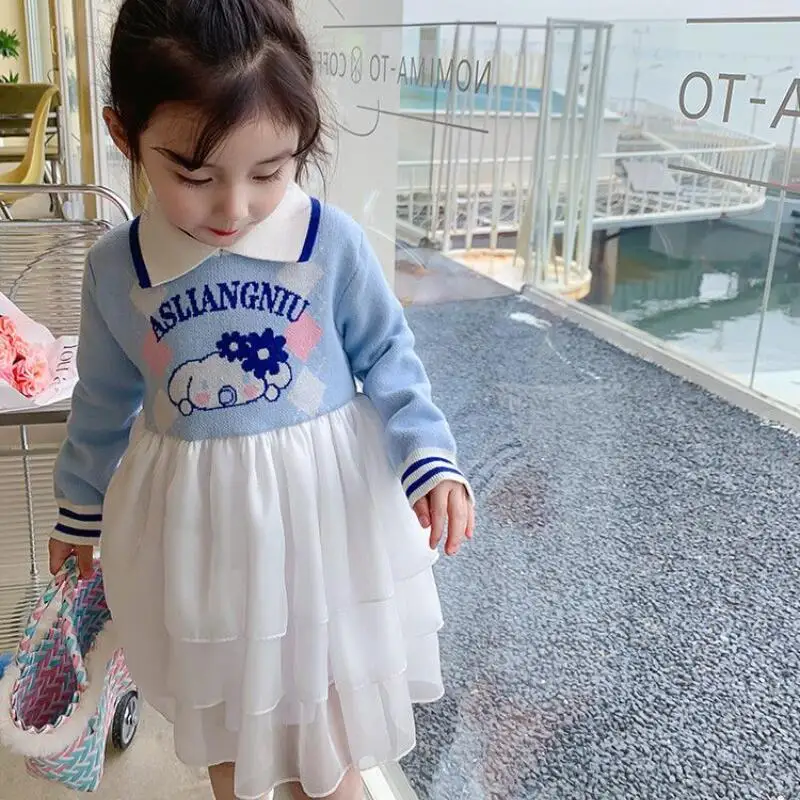 فستان بناتي من Sanrios Cinnamoroll لربيع وخريف نمط جديد لطيف على طراز الأميرة سترة عصرية للأطفال تنورة شبكية ذات طية صدر السترة هدية عيد