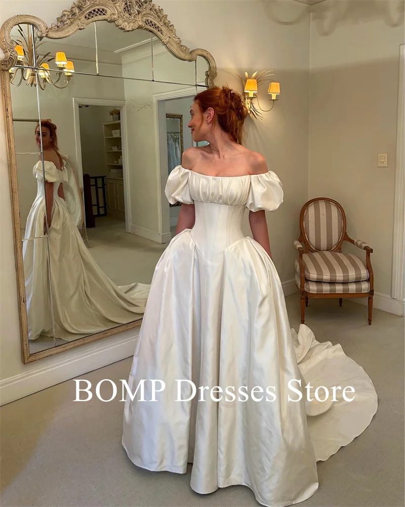 BOMP-Robes de mariée A-Line personnalisées, manches courtes bouffantes, plis en satin, patients du pays, quelle que soit la robe de mariage, Off Initiated, 2025