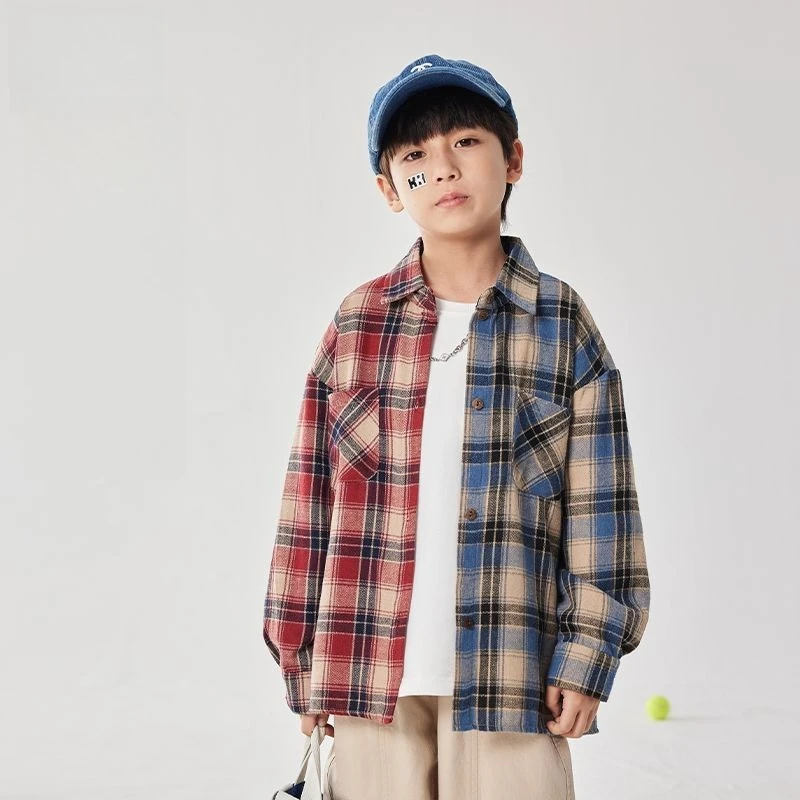 KKI Boys' Checkered Shirt 2025 Autumn New Trendy Loose Fit Kids Big Size