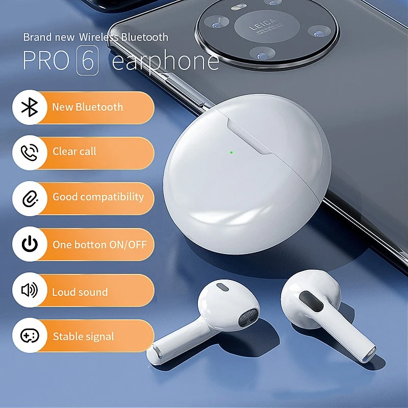 Pro6 TWS Bluetooth Earbuds Wireless Earphone Touch Control 9d HIFI Stereo Headset Charging Box with MIC Headphone