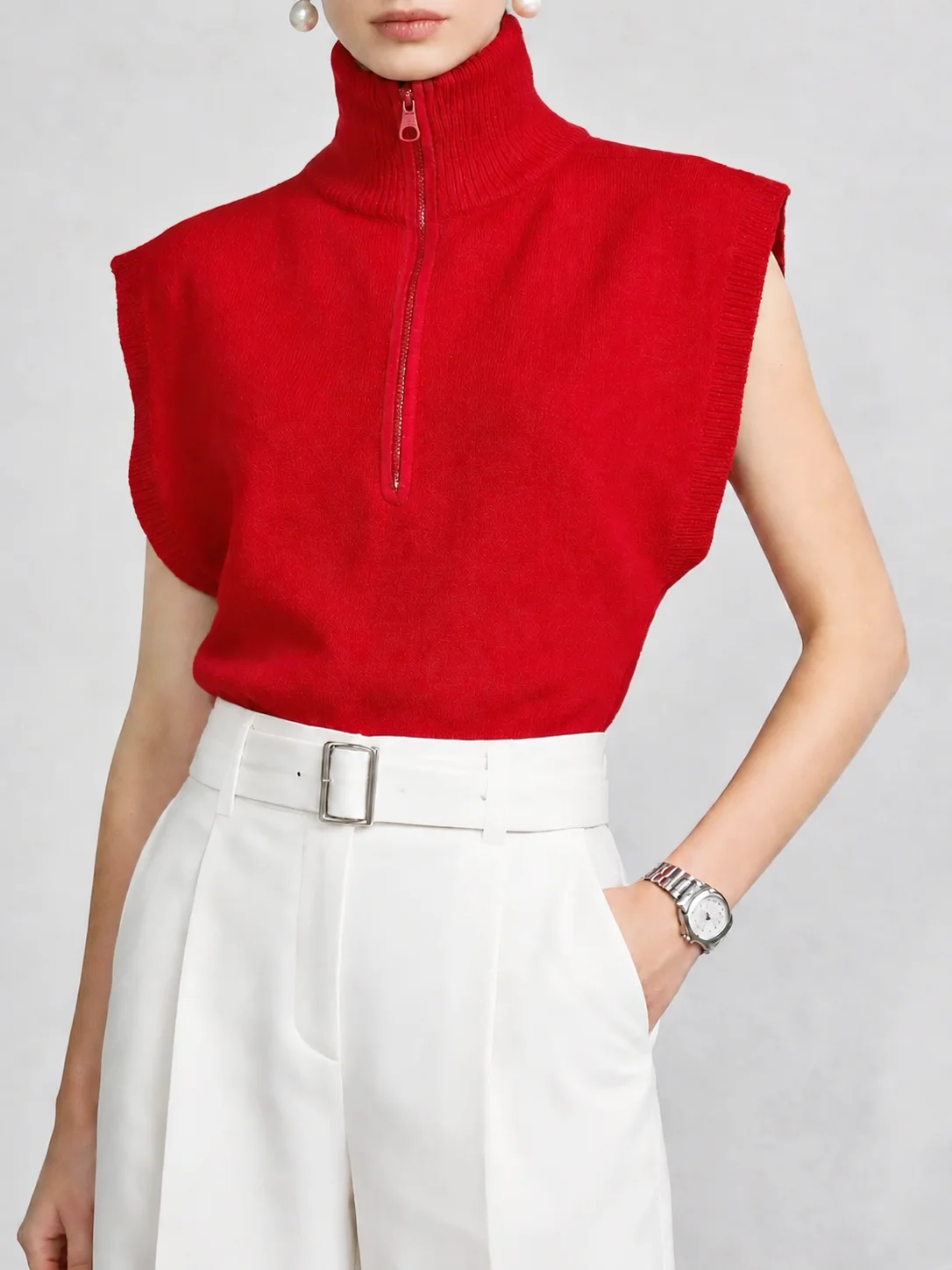 Women Elegant Red Half Zip Turtleneck Knit Vest Soft Sleeveless Sweater Office Lady Casual Pullover Autumn Winter Warm Top