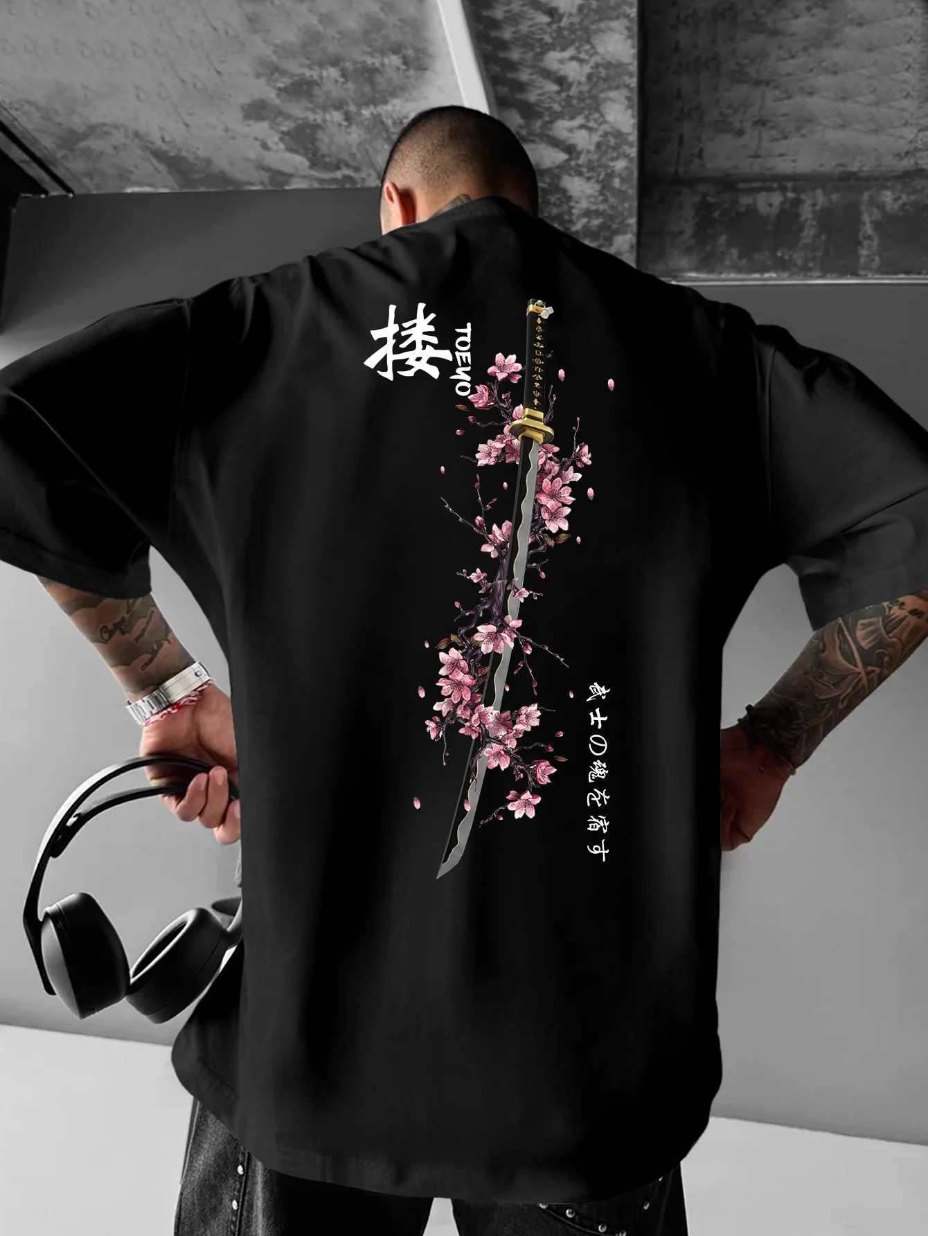 Summer Men's Japanese Samurai Sword Cherry Blossom Print T-Shirt 100% Cotton Round Neck Short Sleeve Breathable Loose Casual
